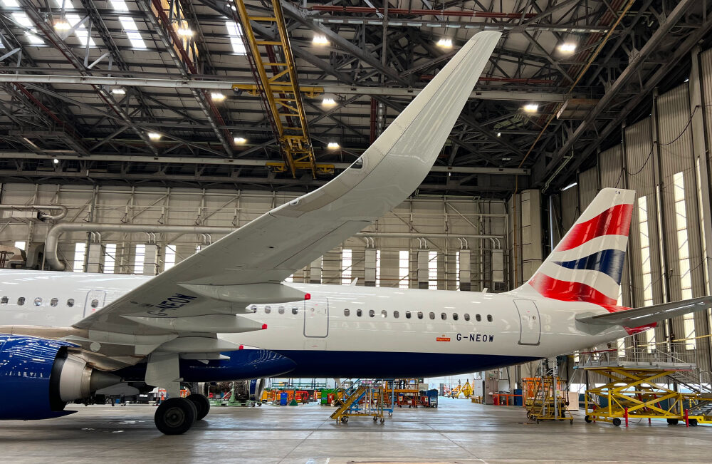 BA plane inside the hangar at Heathrow Airport