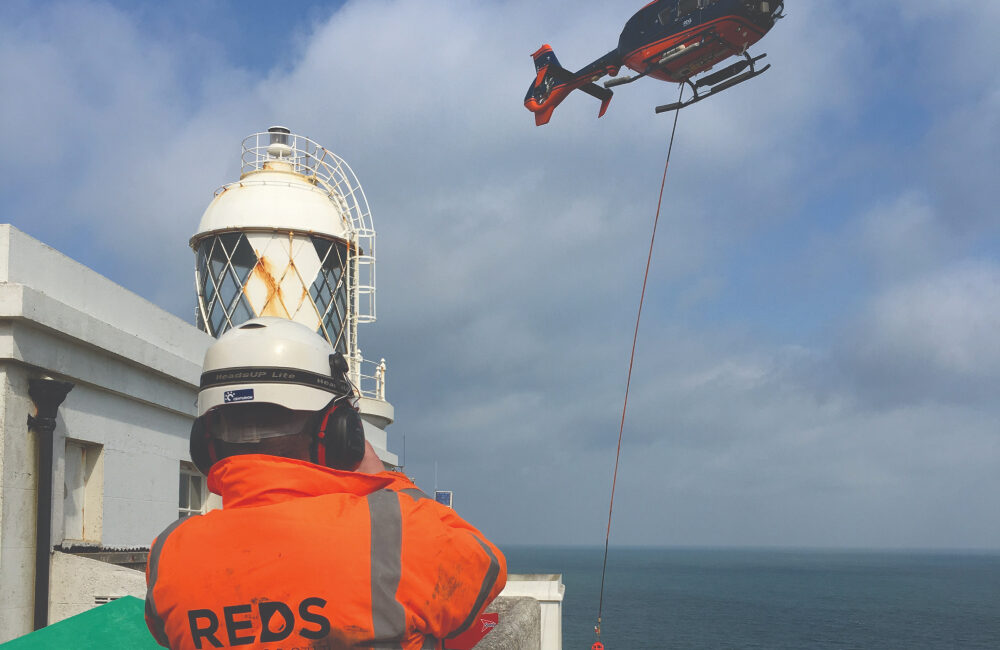 Helicopter arriving on Lundy Island